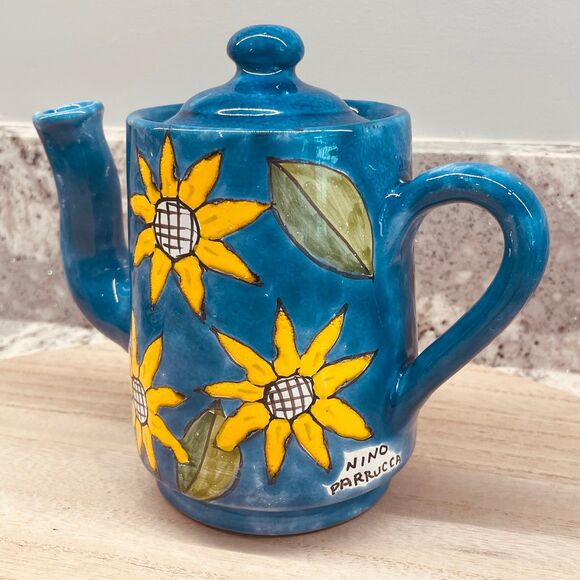 Hand Painted Nino Parrucca Teapot Bent Spout Italy Yellow Sunflowers Art Pottery - Picture 4 of 11